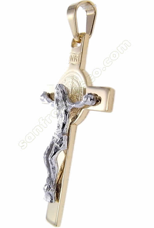 Croce di San Benedetto in oro giallo e bianco 17x22mm